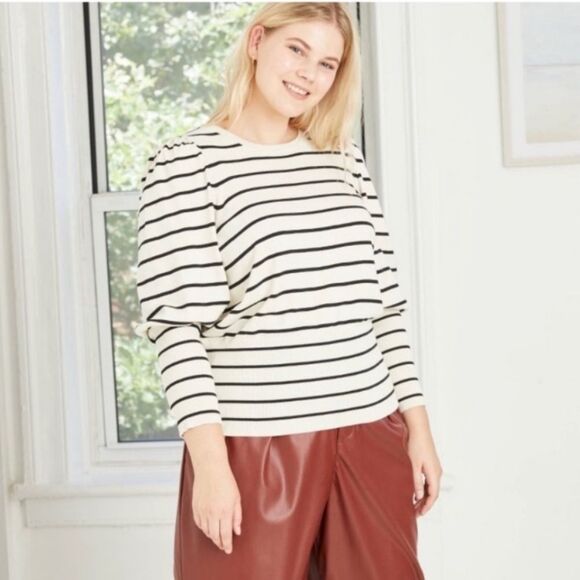 Who What Wear Striped Poetic Puff Sleeve Crewneck Pullover Sweater - Picture 1 of 12